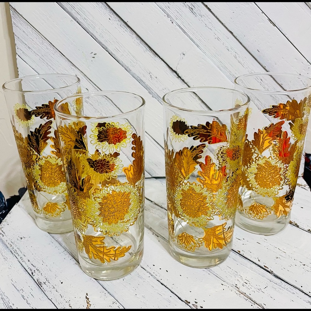 Set of 4 Vintage Mid Center Modern Pokee Yellow 22K Gold Chrysanthemum glasses